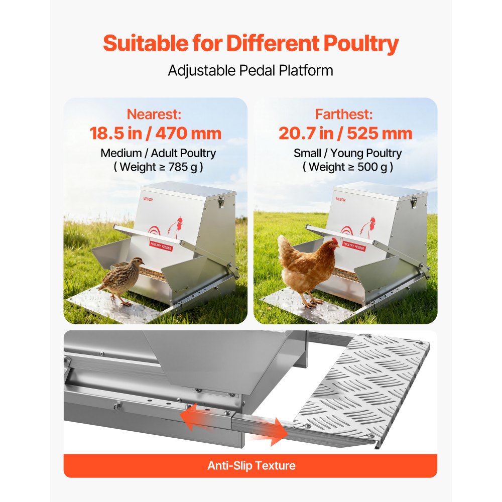 VEVOR Automatic Chicken Feeder, 40 lbs Capacity, Rainproof Treadle Poultry Feeder with Lockable Lid, No Waste, Galvanized Steel Construction, Outdoor Use, for Chicken, Bantams, Poultry, Pheasants
