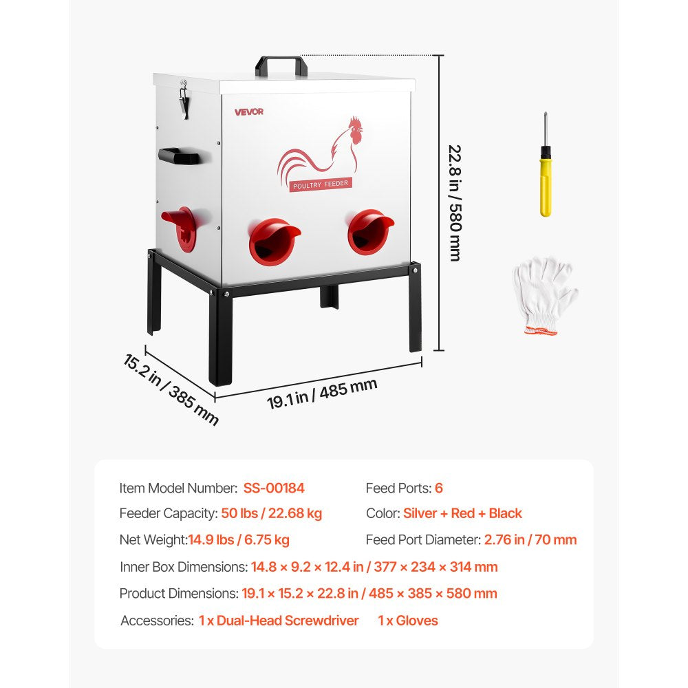 VEVOR Automatic Chicken Feeder, 50 lbs Capacity, 6 Feeding Ports No-Waste Poultry Feeder with Built-In Divider, with Latch & Handle, Metal Construction, for Chickens Bantams Pheasants Poultry Coop