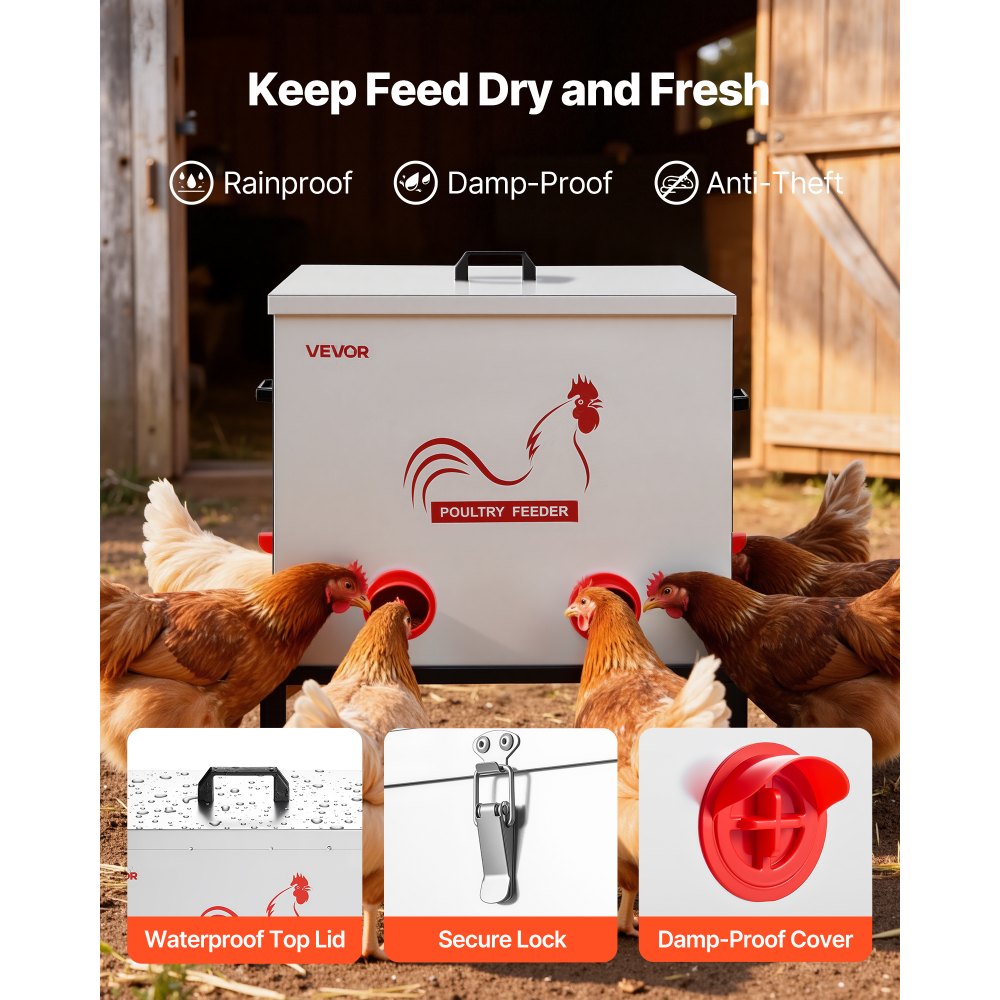 VEVOR Automatic Chicken Feeder, 85 lbs Capacity, 6 Feeding Ports No-Waste Poultry Feeder with Built-In Divider, with Latch & Handle, Metal Construction, for Chickens Bantams Pheasants Poultry Coop
