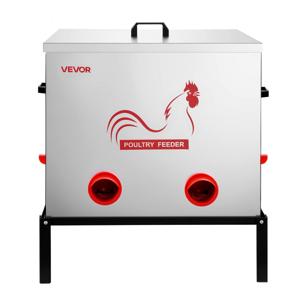 VEVOR Automatic Chicken Feeder, 85 lbs Capacity, 6 Feeding Ports No-Waste Poultry Feeder with Built-In Divider, with Latch & Handle, Metal Construction, for Chickens Bantams Pheasants Poultry Coop