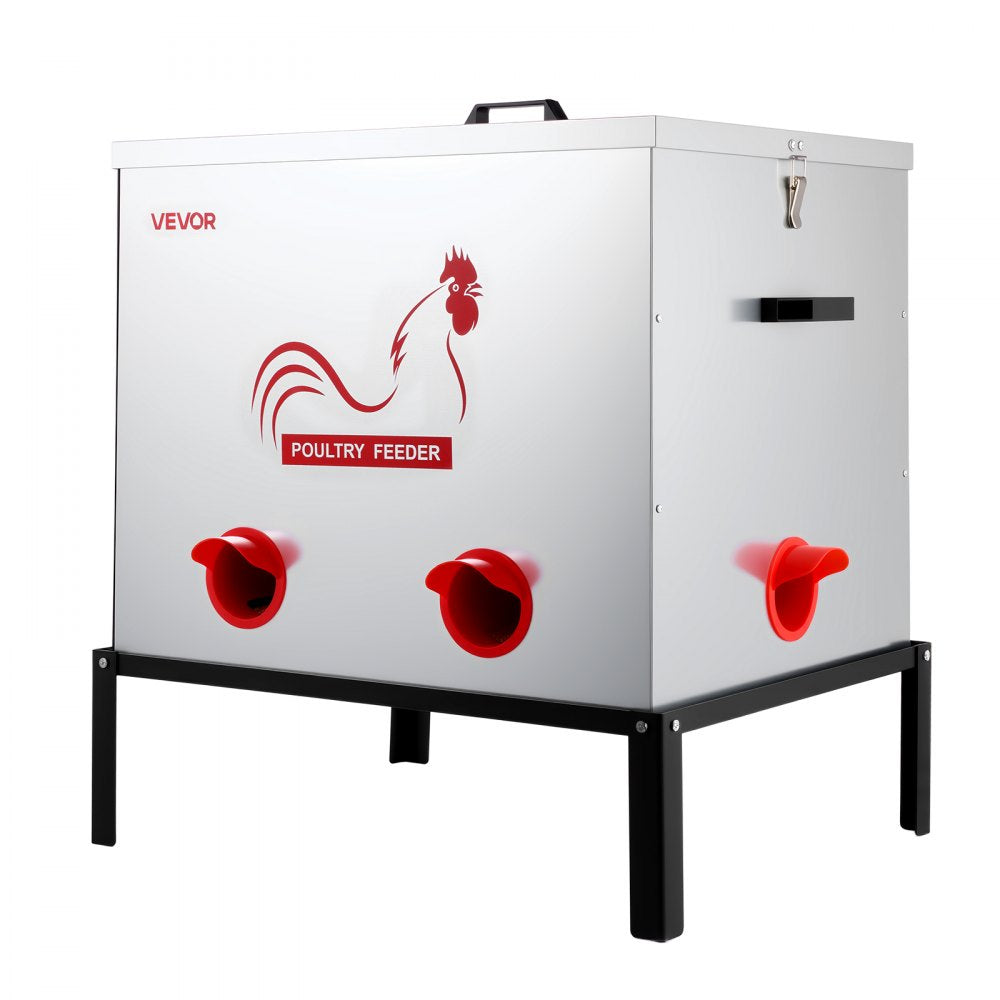 VEVOR Automatic Chicken Feeder, 85 lbs Capacity, 6 Feeding Ports No-Waste Poultry Feeder with Built-In Divider, with Latch & Handle, Metal Construction, for Chickens Bantams Pheasants Poultry Coop