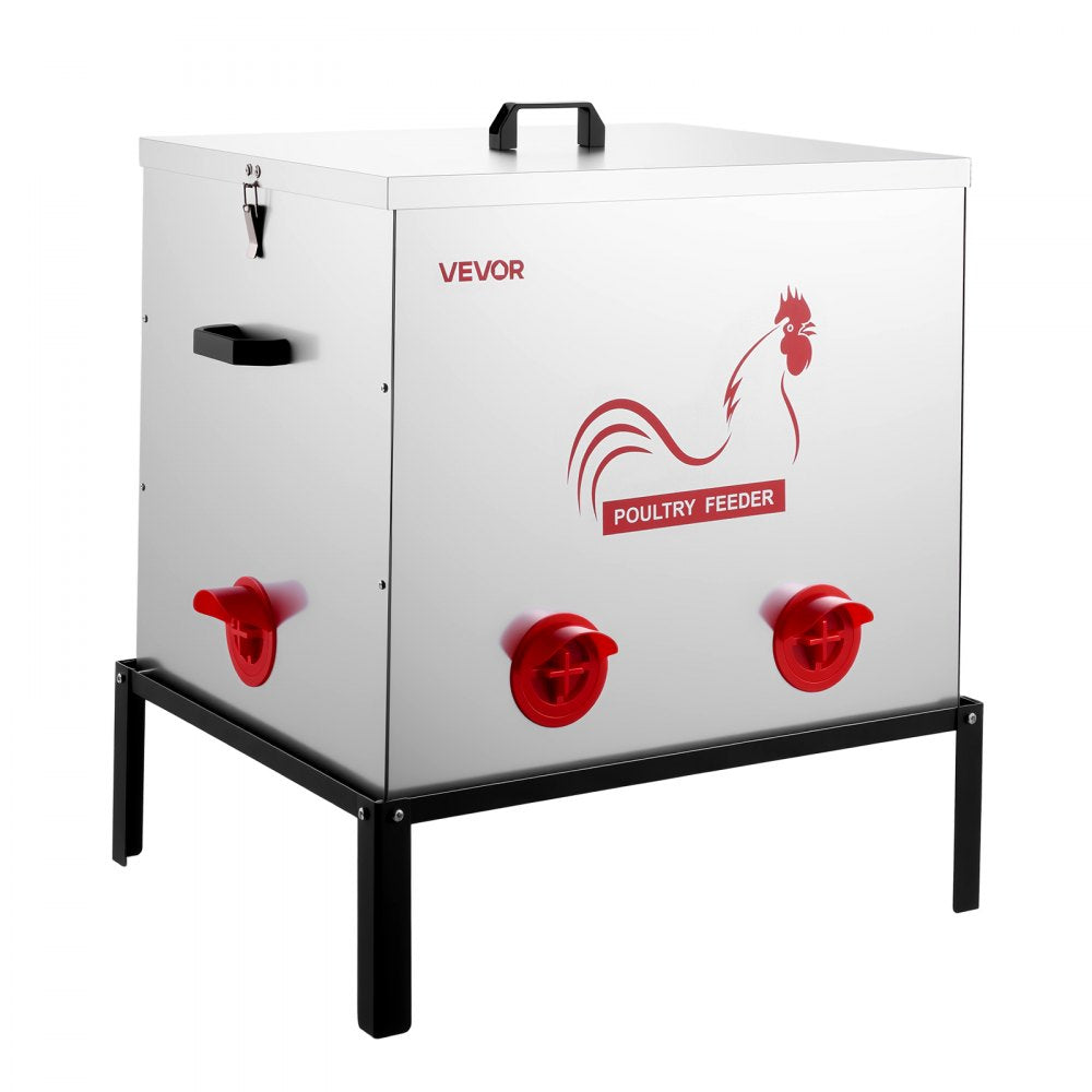 VEVOR Automatic Chicken Feeder, 85 lbs Capacity, 6 Feeding Ports No-Waste Poultry Feeder with Built-In Divider, with Latch & Handle, Metal Construction, for Chickens Bantams Pheasants Poultry Coop