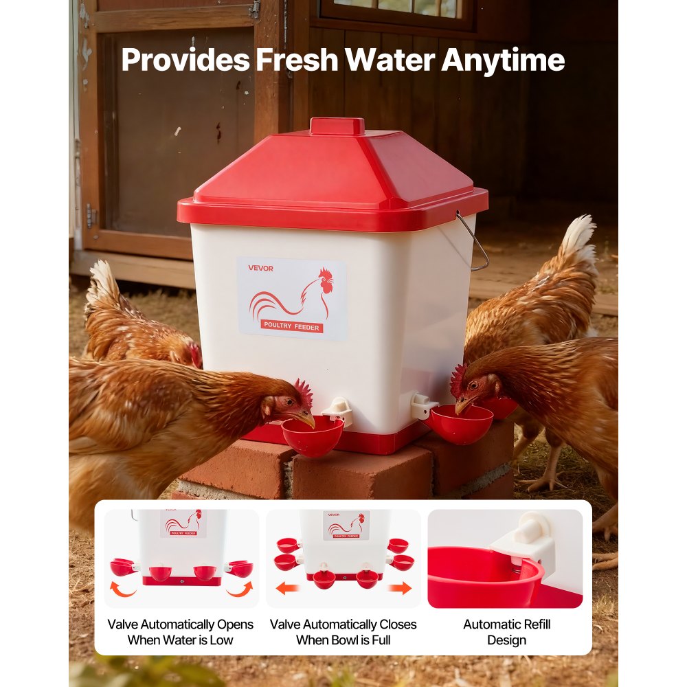 VEVOR 5 Gallon Automatic Chicken Waterer, 6 Water Ports, Automatic-Fill Water Cup, Automatic Gravity Waterer with Handle & Sealed Rubber Ring, Waterproof PP Material, No Waste Design, for Chicken