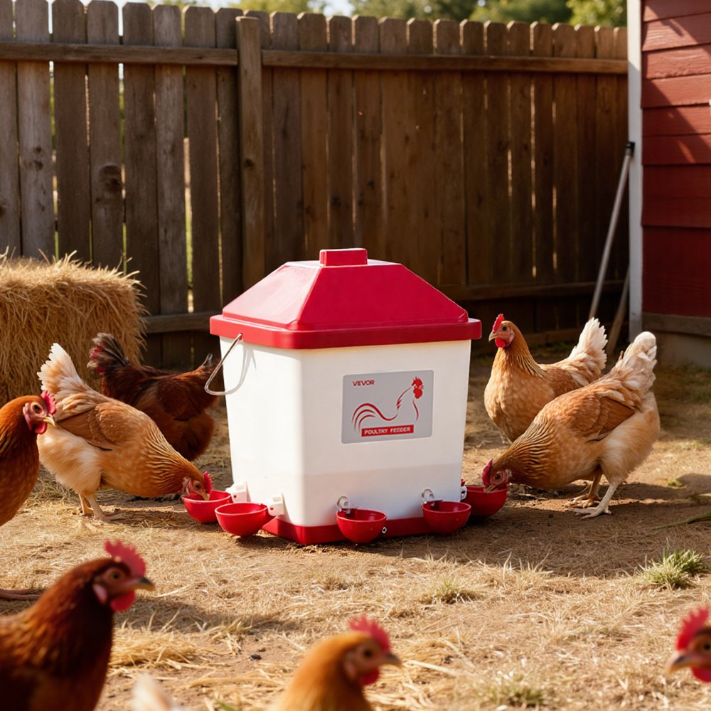 VEVOR 5 Gallon Automatic Chicken Waterer, 6 Water Ports, Automatic-Fill Water Cup, Automatic Gravity Waterer with Handle & Sealed Rubber Ring, Waterproof PP Material, No Waste Design, for Chicken