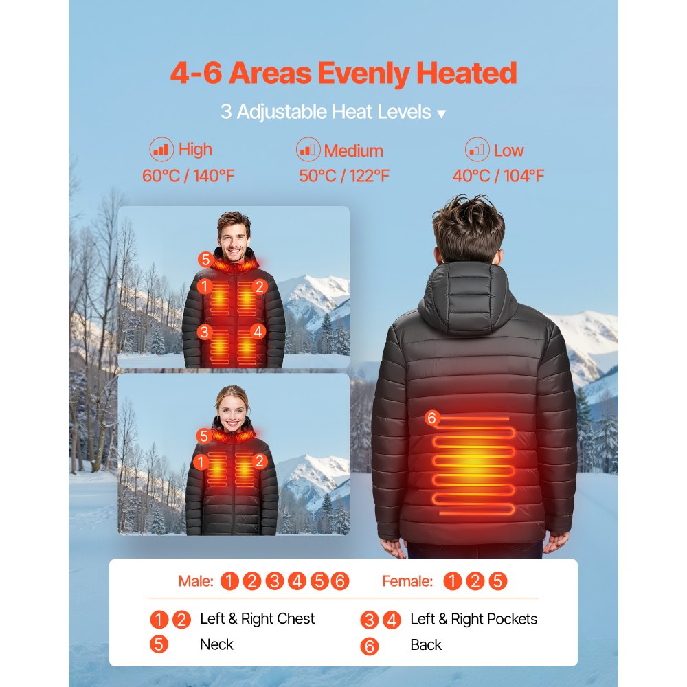 VEVOR Heated Jacket for Women with 7.4V Battery, Soft Shell Electric Heating Coat, Windproof Lightweight Outerwear with 4 Heating Zones & 3 Heat Settings, for Hiking, Outdoor Work, Black, L Size
