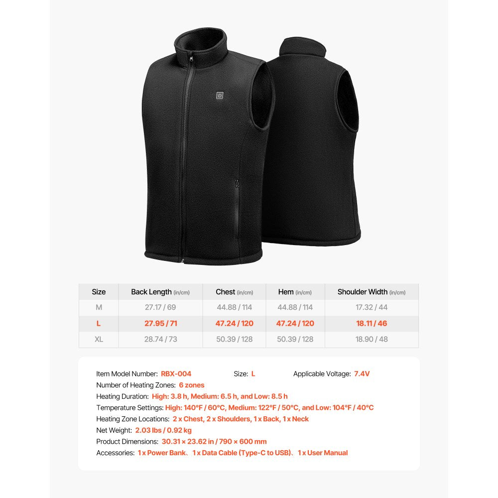 VEVOR Heated Vest, Men Electric Heating Vest with 16000 mAh Battery Pack, 6 Heating Zones Lightweight Rechargeable Winter-Vest with 3 Levels, for Outdoor Hiking Camping Fishing Skiing, Size L