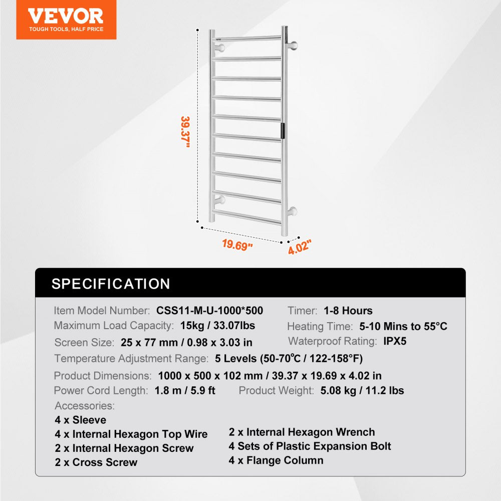 VEVOR 10 Bars Towel Warmer Rack, Wall Mounted Heated Towel Rack for Bathroom, IPX5 Waterpoof Towel Heater Rack with Timer & LED Display Screen, 5 Levels Adjustable Temperature Towel Heater, Silver