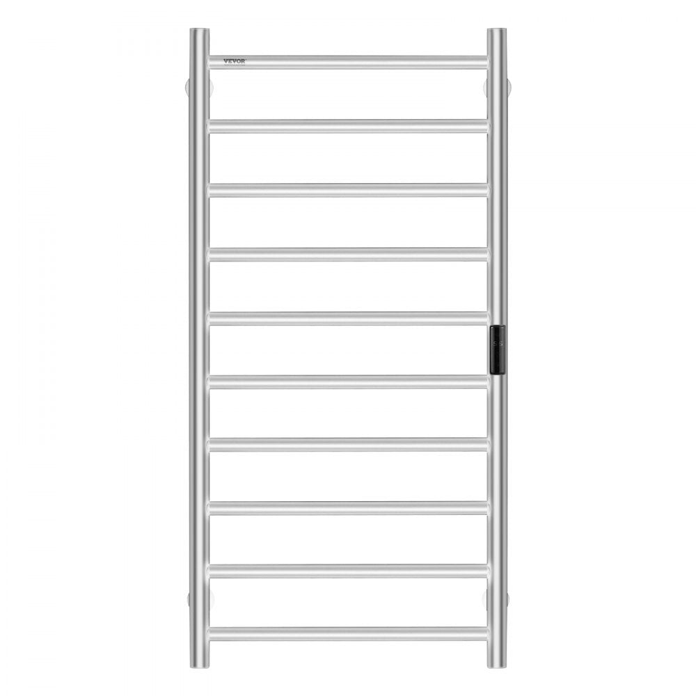 VEVOR 10 Bars Towel Warmer Rack, Wall Mounted Heated Towel Rack for Bathroom, IPX5 Waterpoof Towel Heater Rack with Timer & LED Display Screen, 5 Levels Adjustable Temperature Towel Heater, Silver