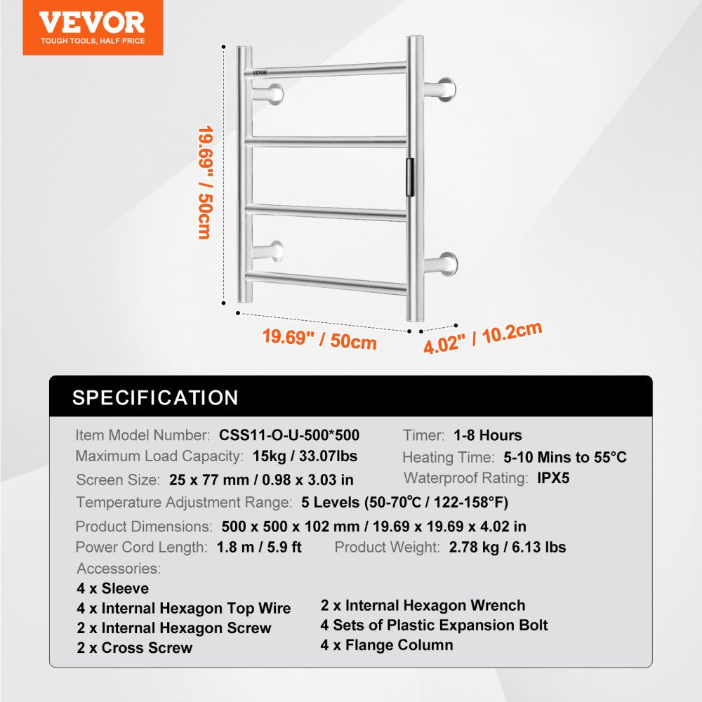 VEVOR 4 Bars Towel Warmer Rack, Wall Mounted Heated Towel Rack for Bathroom, IPX5 Waterpoof Towel Heater Rack with Timer & LED Display Screen, 5 Levels Adjustable Temperature Towel Heater, Silver