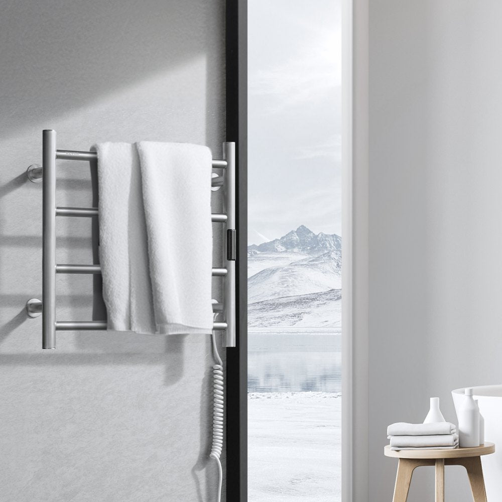 VEVOR 4 Bars Towel Warmer Rack, Wall Mounted Heated Towel Rack for Bathroom, IPX5 Waterpoof Towel Heater Rack with Timer & LED Display Screen, 5 Levels Adjustable Temperature Towel Heater, Silver