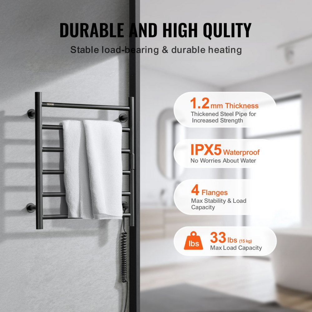 VEVOR 6 Bars Towel Warmer Rack, 120V Wall Mounted Heated Towel Rack for Bathroom, IPX5 Waterpoof Towel Heater Rack with Timer & LED Display Screen, 5 Levels Adjustable Temperature Towel Heater, Black