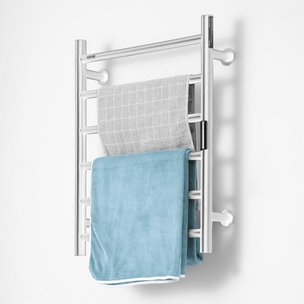 VEVOR 6 Bars Towel Warmer Rack, Wall Mounted Heated Towel Rack for Bathroom, IPX5 Waterpoof Towel Heater Rack with Timer & LED Display Screen, 5 Levels Adjustable Temperature Towel Heater, Silver