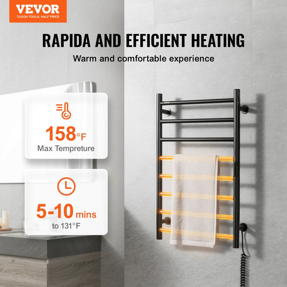 VEVOR 8 Bars Towel Warmer Rack, 120V Wall Mounted Heated Towel Rack for Bathroom, IPX5 Waterpoof Towel Heater Rack with Timer & LED Display Screen, 5 Levels Adjustable Temperature Towel Heater, Black