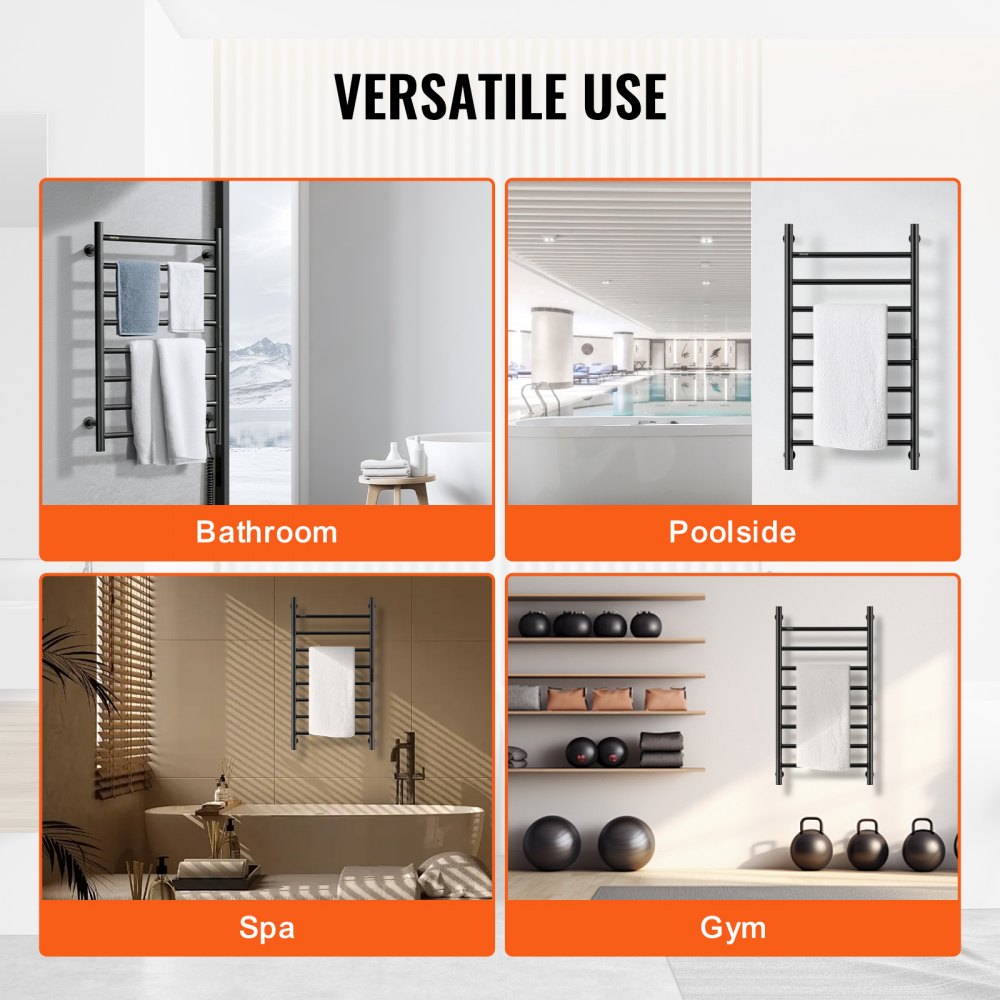 VEVOR 8 Bars Towel Warmer Rack, 120V Wall Mounted Heated Towel Rack for Bathroom, IPX5 Waterpoof Towel Heater Rack with Timer & LED Display Screen, 5 Levels Adjustable Temperature Towel Heater, Black
