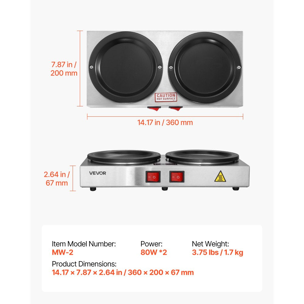 VEVOR Commercial Coffee Decanter Warm Plate, 80W x 2 Coffee-Carafe Warmer, Dual Warming Plates with Independent Control, Fits 1.8L Standard Glass Decanter, for Coffee Shop, Home, Office & Restaurant