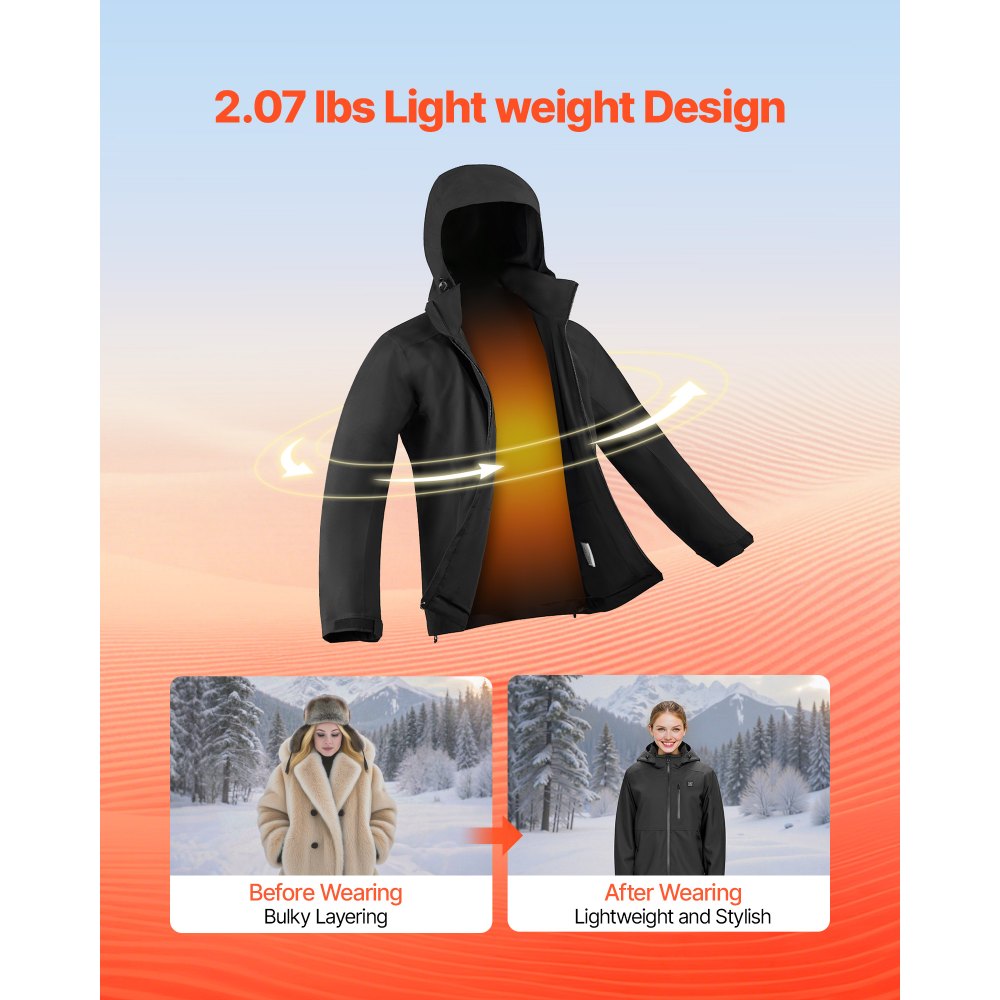 VEVOR Heated Jacket for Women with 7.4V Battery, Soft Shell Electric Heating Coat, Windproof Waterproof Lightweight Outerwear with 5 Heating Zones & 3 Heat Settings, Machine Washable, M Size