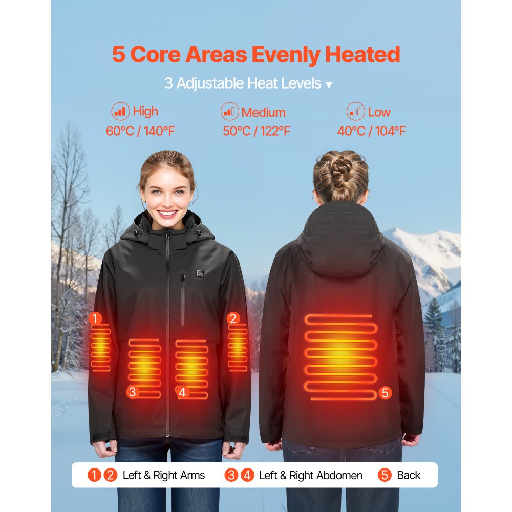 VEVOR Heated Jacket for Men with 7.4V Battery, Soft Shell Electric Heating Coat, Windproof Waterproof Lightweight Outerwear with 5 Heating Zones & 3 Heat Settings, Machine Washable, S Size