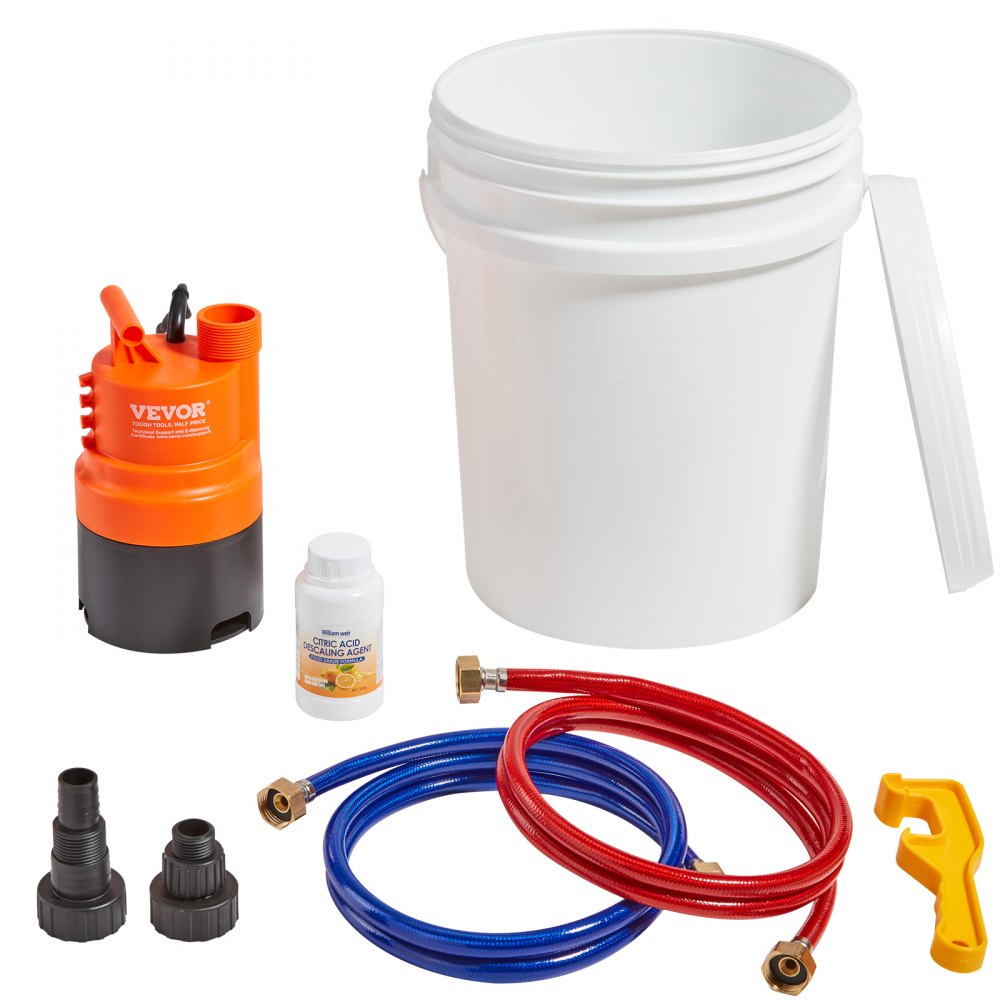 VEVOR Tankless Water Heater Flushing Kit, Includes Efficient Pump & 5 Gallon Pail & 2 Hoses & Descaling Powder, Wrench and Adapter for Quick Install Easy to Start, Water Heater Flush Kit