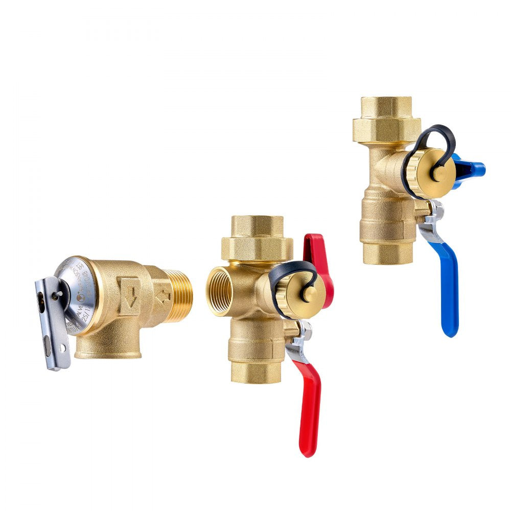 VEVOR Water Heater Kit, 3/4 Inch Tankless Water Heater Service Valve Kit with 2PCS 3/4″ NPT to 3/4″ NPT Isolation Valves, Pressure Relief Valve, Lead-Free Brass, Fits Most Tankless Waters Heaters