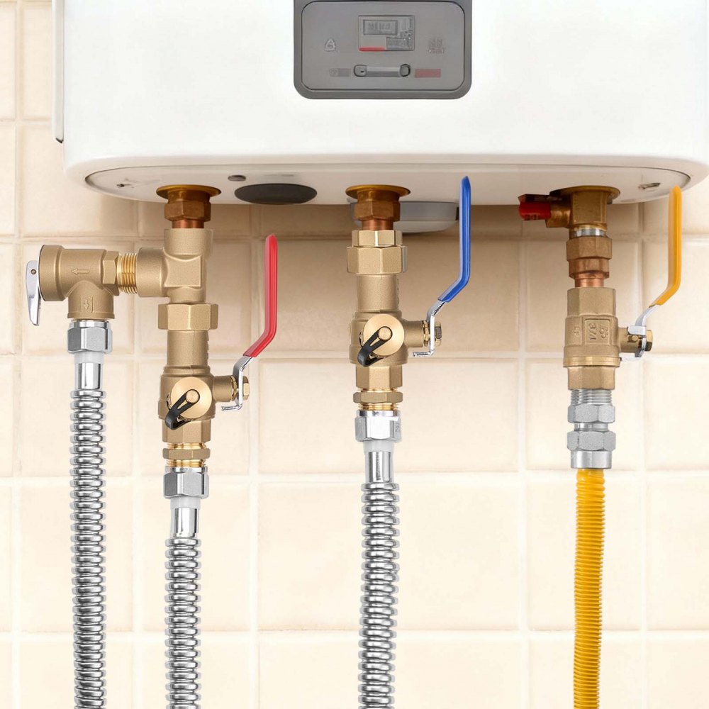 VEVOR Water Heater Kit, 3/4 Inch Cold & Hot Water Plumbing Repair Kit with 600 WOG Isolation Valves, Pressure Relief Valve, Dual-Layer Gas Hose, Compatible with Most Tankless Waters Heater Brands