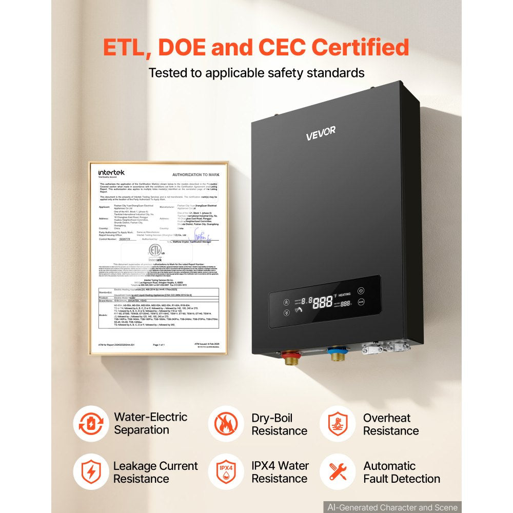 VEVOR Tankless Electric Water Heater, 18 kW 240 V Instant Hot Water Heater, for Household Washing, Bathing, Kitchen, LED Touch Control, Cast Aluminum Heating Element, 86-131°F Adjustable Temperature