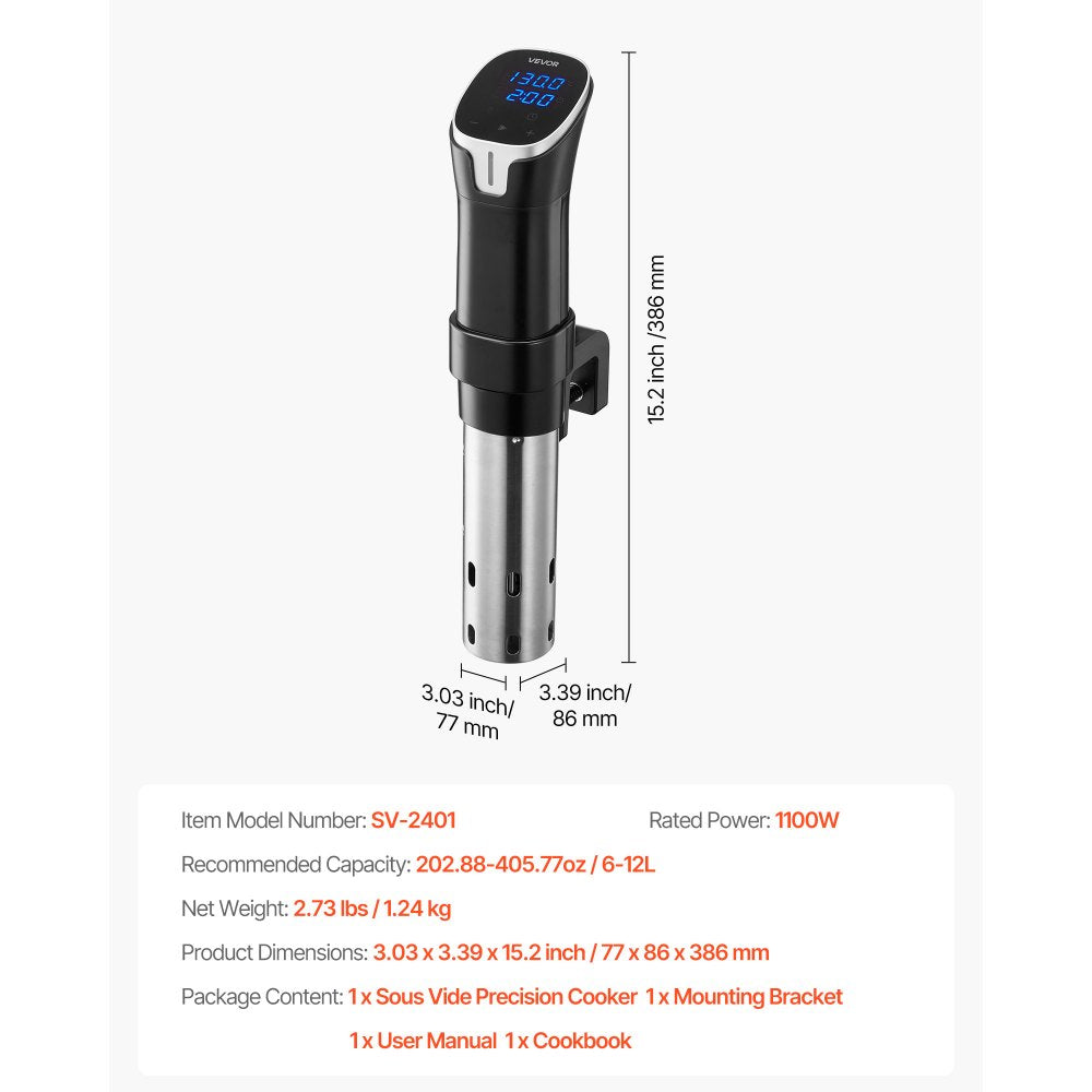 VEVOR Sous Vide Precision Cooker, 1100W Sous-Vide Cooking Machine, WIFI Immersion Circulator with LED Digital Display, Fast-Heating, Accurate Temperature & Timer Control, SUS304 Stainless Steel