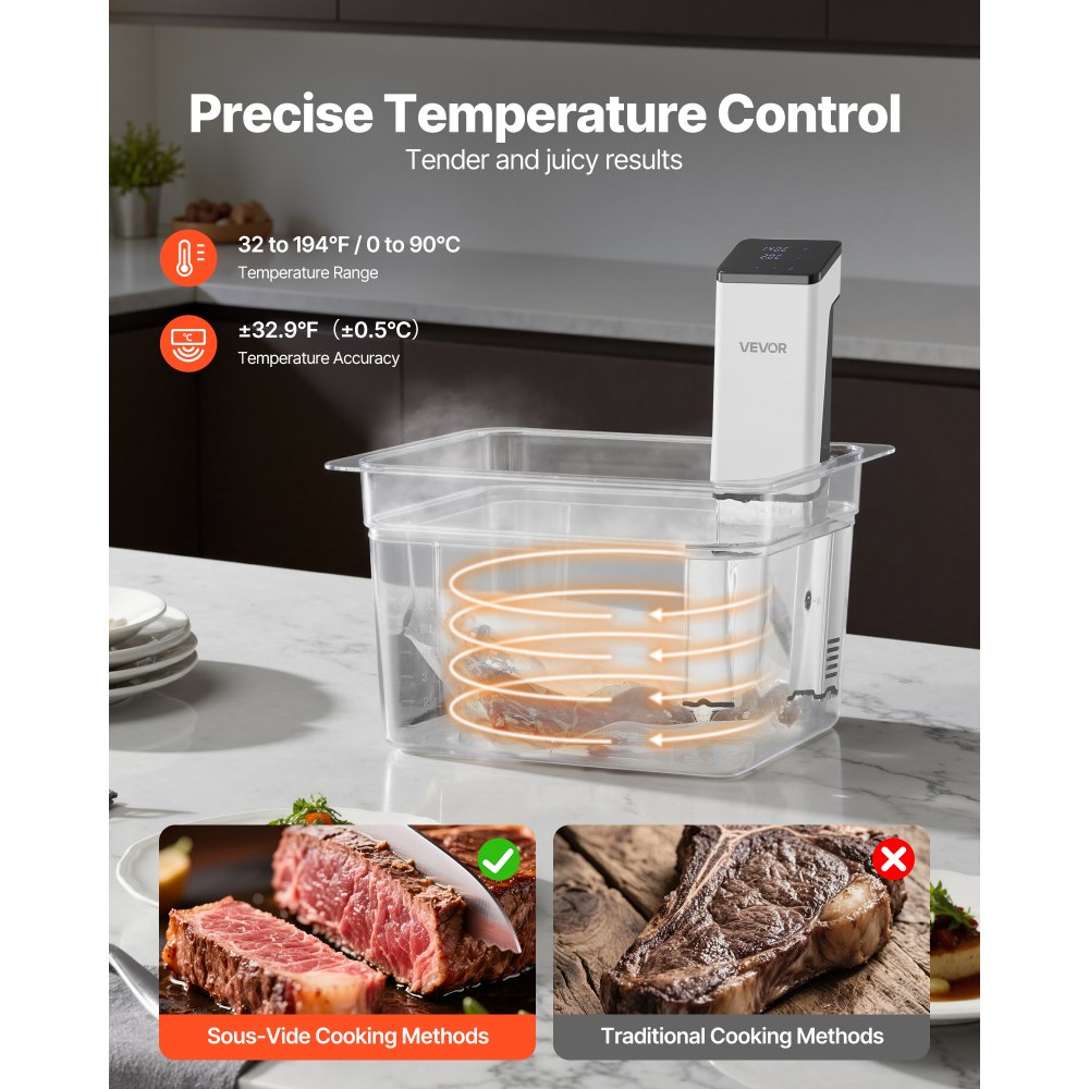 VEVOR Sous Vide Precision Cooker, 850W Sous-Vide Cooking Machine, Immersion Circulator with LED Digital Display, Secure Clamp Design, Fast-Heating, Accurate Temperature & Timer Control, Sous-Vide