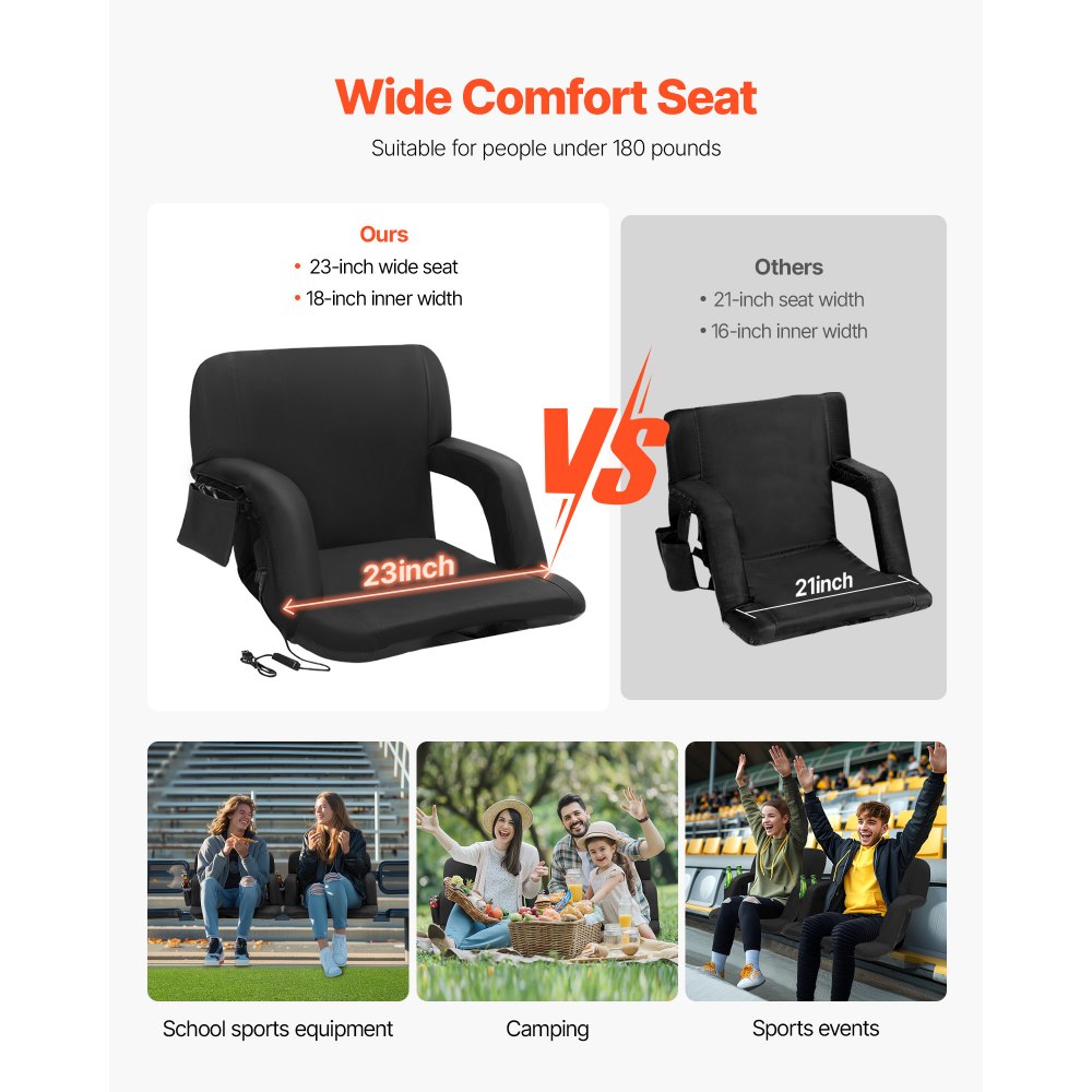 VEVOR Double Heated Stadium Seat with Back Support, 3 Level Heating Wide Bleacher Seat, Folding Portable Padded Reclining Chair with Hook Pocket Cupholder, Ideal for Sport Event Beach Concert (2 Set)