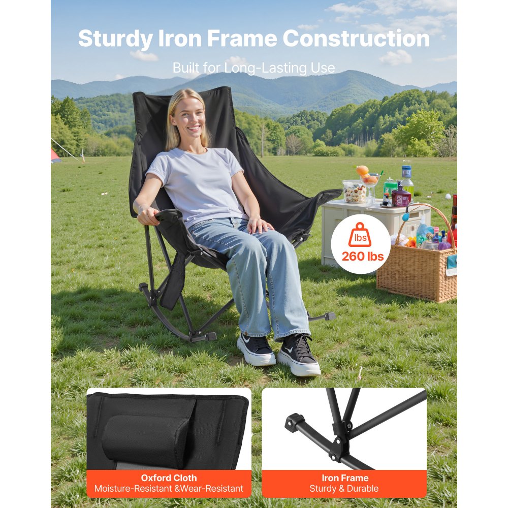 VEVOR Heated Camping Chair, 3 Heating Settings, Large-Sized Padded Folding Rocker, Heavy Duty Outdoor Lawn Chairs with Pocket & Cupholder, Support 225lbs, Portable Heated Chair for Sports Winter Use