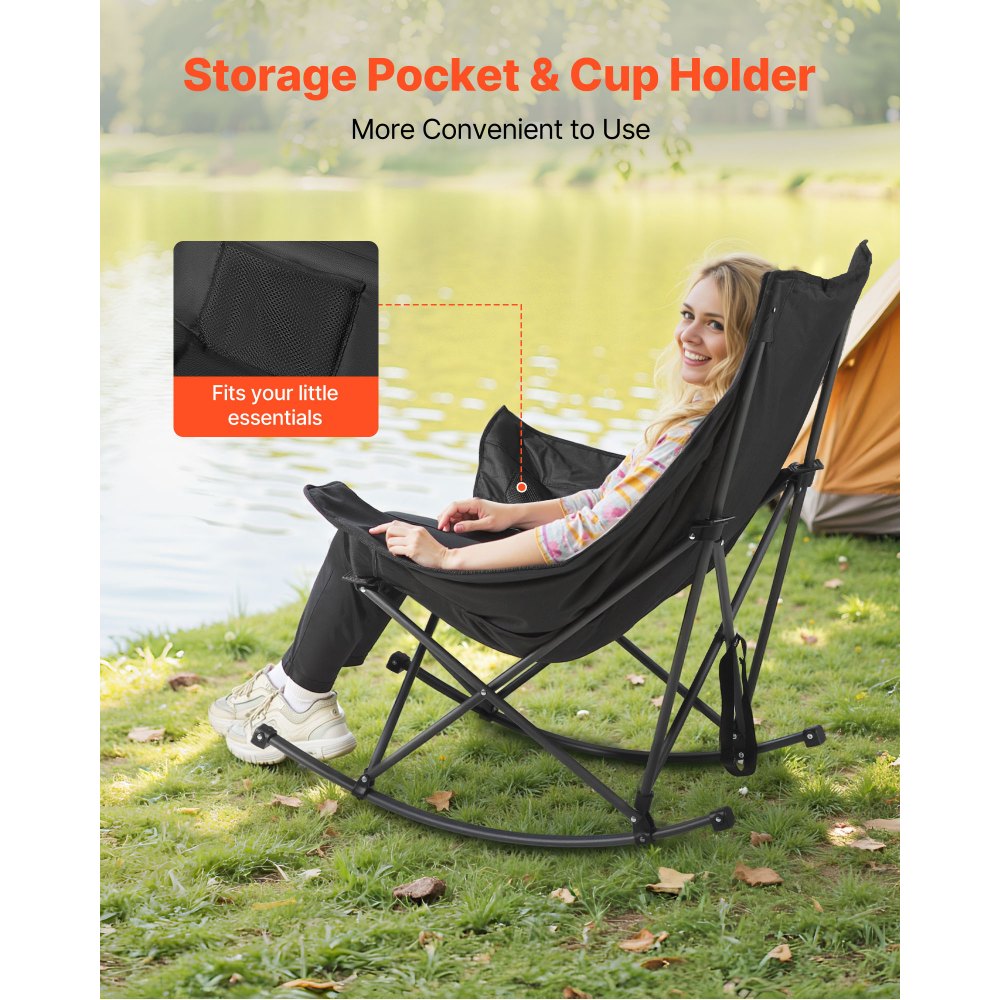 VEVOR Heated Camping Chair, 3 Heating Settings, Large-Sized Padded Folding Rocker, Heavy Duty Outdoor Lawn Chairs with Pocket & Cupholder, Support 225lbs, Portable Heated Chair for Sports Winter Use