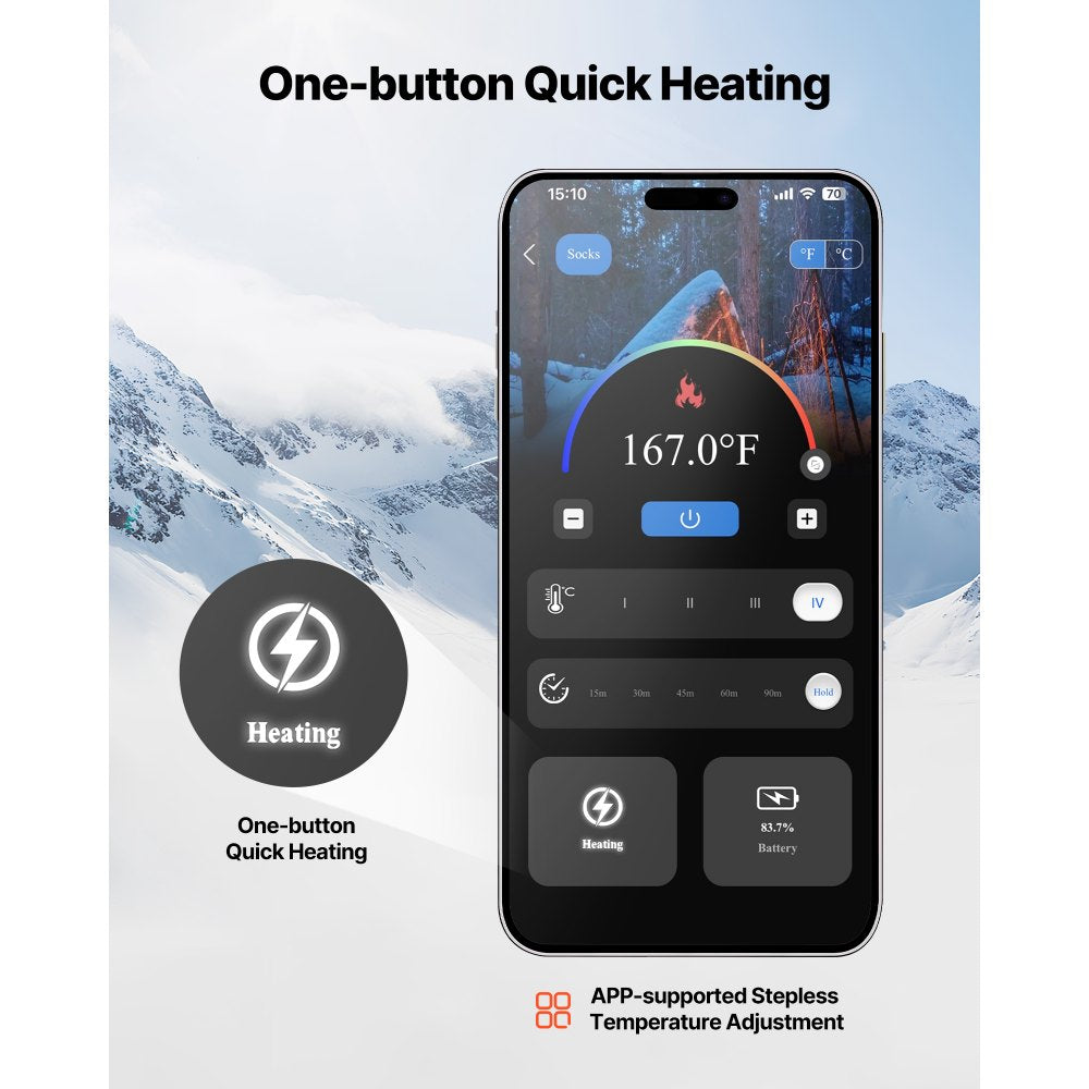 VEVOR Heated Socks, 5000mAh Battery Powered, Rechargeable Heating Socks with 4 Heating Levels, Electric Heated Sock with APP Control for Men Women, Foot Warmer for Hunting Riding Camping Hiking