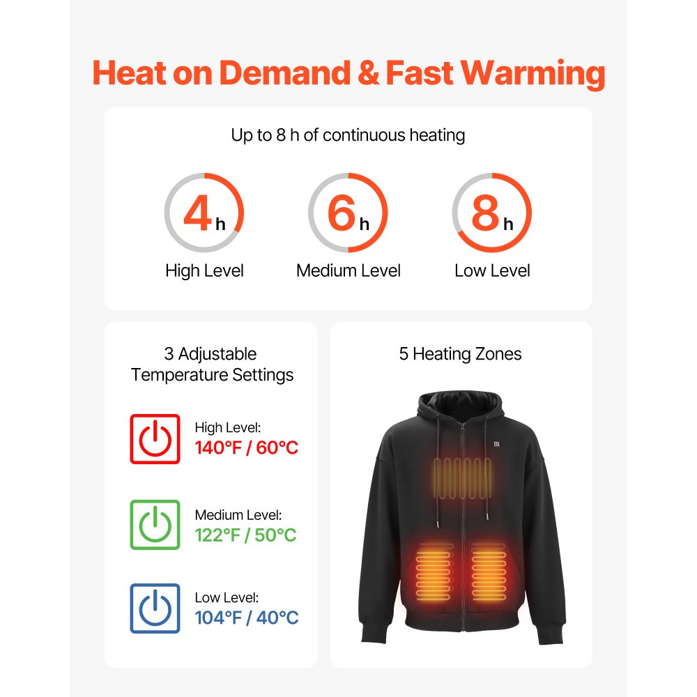VEVOR Heated Jacket Hoodie for Men Women, Heated Sweatshirt Unisex Full-Zip with 7.4V 16000mAh Power Bank Pack, 5 Heating Zones, 3 Temp Levels, 4-8H Warmth, for Winter Outdoor Camping, Black, S Size