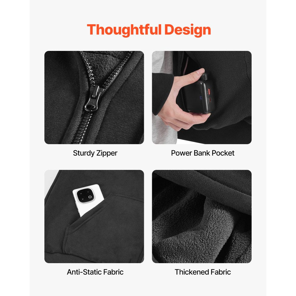 VEVOR Heated Jacket Hoodie for Men Women, Heated Sweatshirt Unisex Full-Zip with 7.4V 16000mAh Power Bank Pack, 5 Heating Zones, 3 Temp Levels, 4-8H Warmth, for Winter Outdoor Camping, Black, S Size
