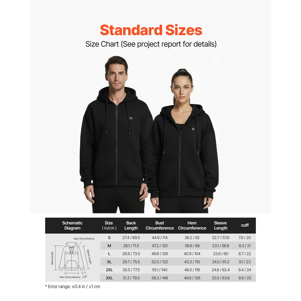 VEVOR Heated Jacket Hoodie for Men Women, Heated Sweatshirt Unisex Full-Zip with 7.4V 16000mAh Power Bank Pack, 5 Heating Zones, 3 Temp Levels, 4-8H Warmth, for Winter Outdoor Camping, Black, S Size