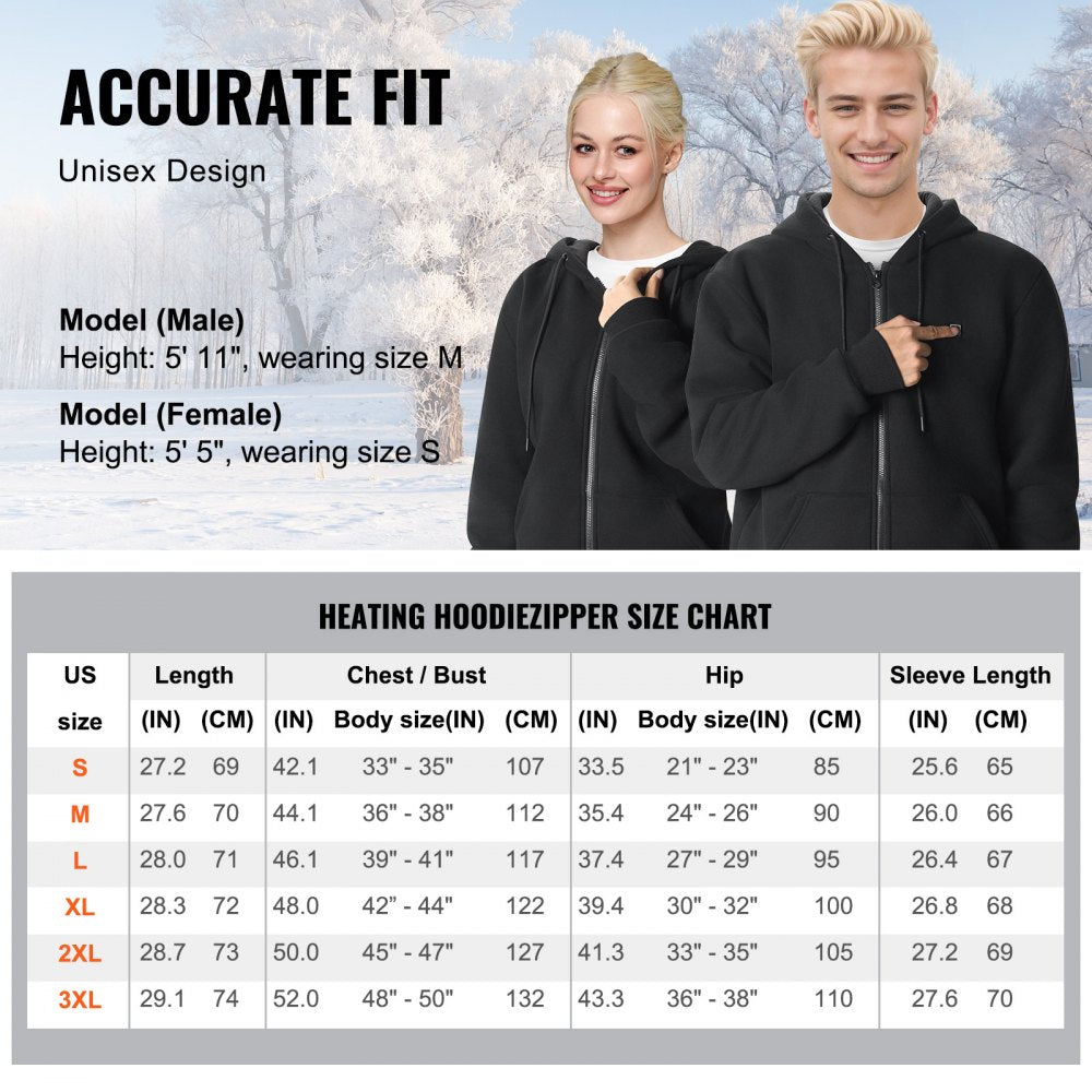 VEVOR Heated Hoodie, Unisex Heated Sweatshirt with Battery Pack 7.4V, Zip Up Electric Jacket with 5 Heating Zones for Men & Women, Lightweight Warm Heated Outdoor Pullover for Camping, S Size Black