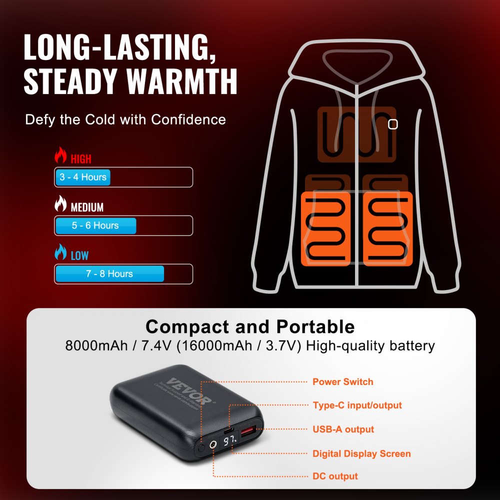 VEVOR Heated Hoodie, Unisex Heated Sweatshirt with Battery Pack 7.4V, Zip Up Electric Jacket with 5 Heating Zones for Men & Women, Lightweight Warm Heated Outdoor Pullover for Camping, M Size Black