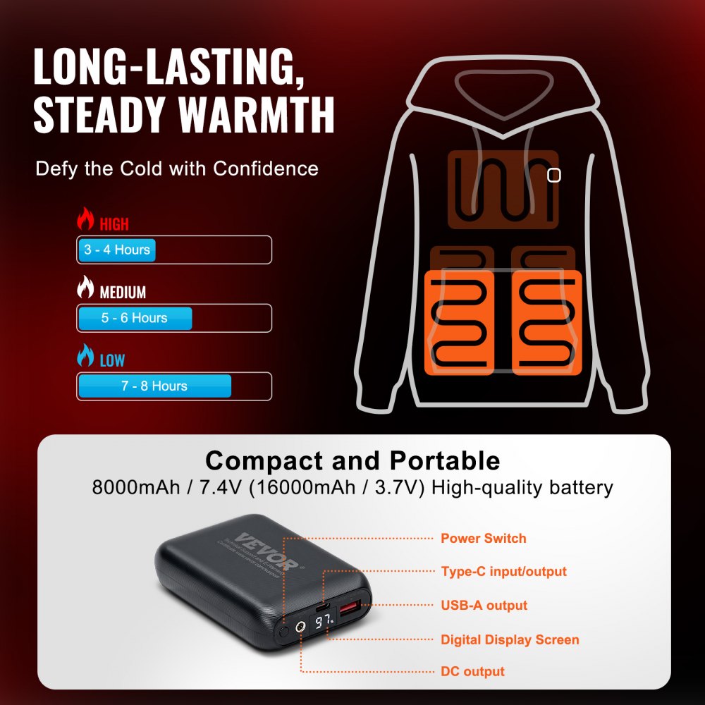 VEVOR Heated Hoodie, Unisex Heated Sweatshirt with Battery Pack 7.4V, Electric Jacket with 5 Heating Zones for Men & Women, Lightweight Warm Heated Outdoor Pullover for Fishing Camping, S Size Black