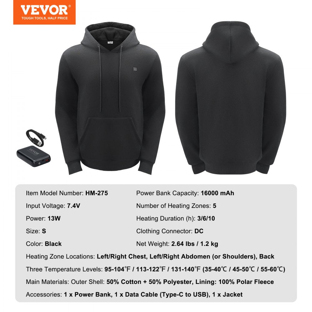 VEVOR Heated Hoodie, Unisex Heated Sweatshirt with Battery Pack 7.4V, Electric Jacket with 5 Heating Zones for Men & Women, Lightweight Warm Heated Outdoor Pullover for Fishing Camping, S Size Black