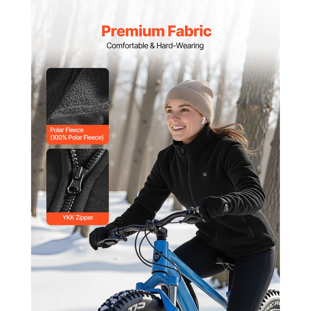 VEVOR Heated Fleece Jacket for Women, Heated Sweatshirt with 7.4V 16000mAh Rechargeable Power Bank Pack, 6 Heating Zones, 3 Temp Levels, 3h/6h/10h Warmth, for Winter Outdoor Camping, Black, L Size