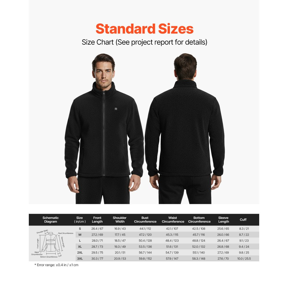 VEVOR Heated Fleece Jacket for Men, Heated Sweatshirt with 7.4V 16000mAh Rechargeable Power Bank Pack, 6 Heating Zones, 3 Temp Levels, 3h/6h/10h Warmth, for Winter Outdoor Camping, Black, M Size
