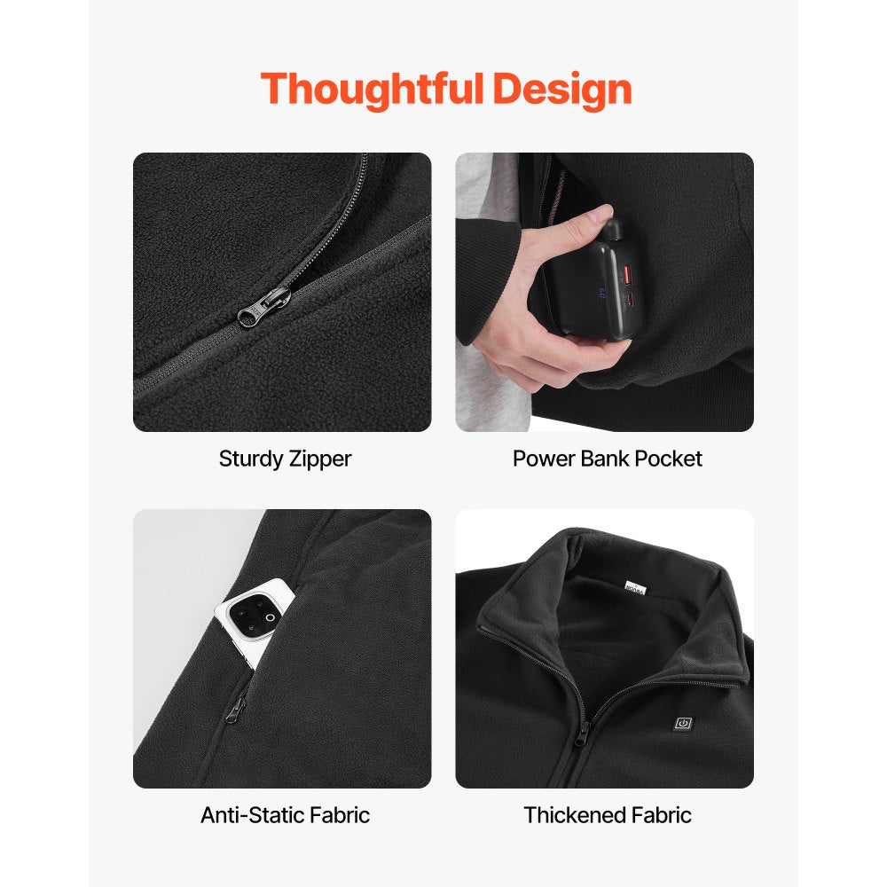 VEVOR Heated Fleece Jacket for Women, Heated Sweatshirt with 7.4V 16000mAh Rechargeable Power Bank Pack, 6 Heating Zones, 3 Temp Levels, 3h/6h/10h Warmth, for Winter Outdoor Camping, Black, XL Size