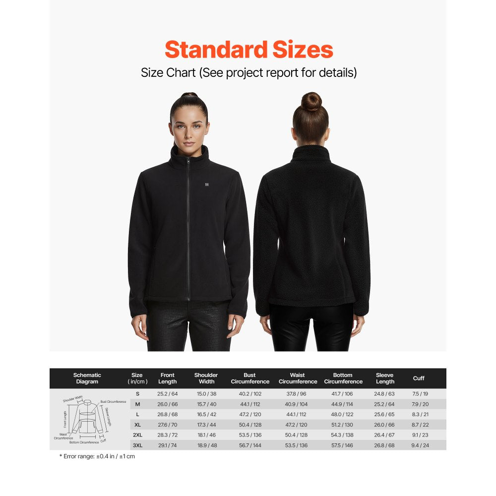 VEVOR Heated Fleece Jacket for Women, Heated Sweatshirt with 7.4V 16000mAh Rechargeable Power Bank Pack, 6 Heating Zones, 3 Temp Levels, 3h/6h/10h Warmth, for Winter Outdoor Camping, Black, XXXL Size
