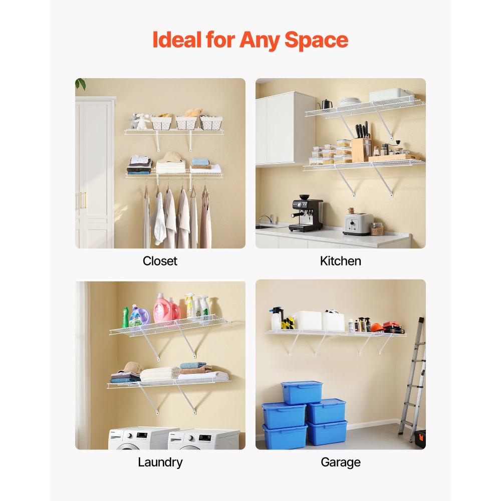 VEVOR Wire Shelf Kit, 4 ft, Set of 2, Wall Mounted Wire Shelves, Heavy-Duty Carbon Steel Hanging Shelf, Floating Wall Storage Shelves with Dip Coating, for Closet, Bedroom, Living Room, Office, Pantry