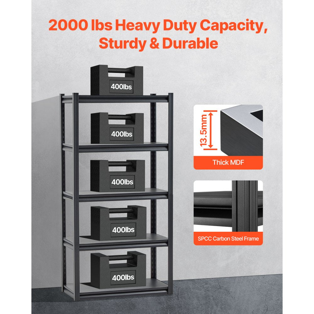 VEVOR Storage Shelves, 2000 lbs, 5 Tier Garage Storage Shelving, 16" D x 32" W x 63" H Adjustable Metal Shelves for Garage Shelves Utility Rack Shelf, Ideal for Kitchen, Warehouse, Basement, Black