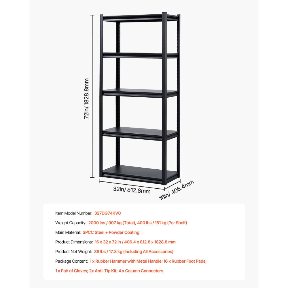 VEVOR Storage Shelves, 2000 lbs, 5 Tier Garage Storage Shelving, 16" D x 32" W x 72" H Adjustable Metal Shelves for Garage Shelves Utility Rack Shelf, Ideal for Kitchen, Warehouse, Basement, Black