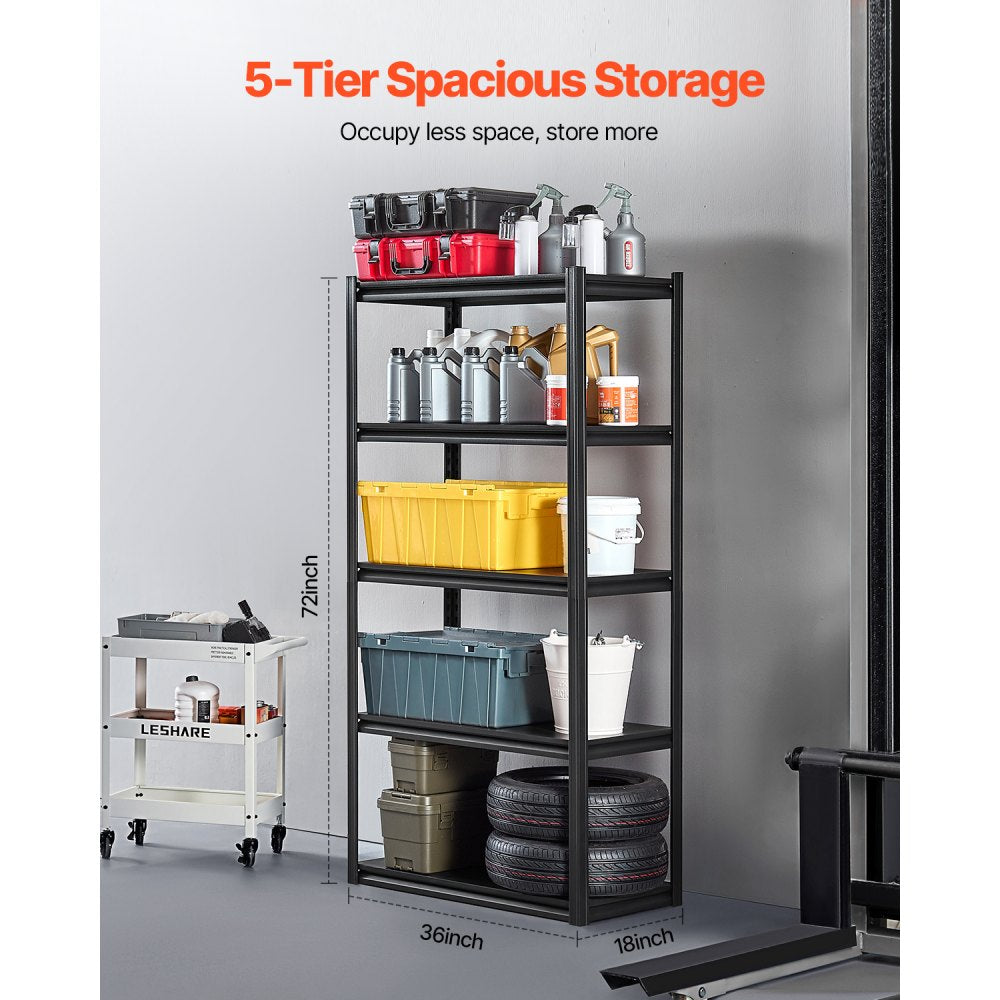 VEVOR Storage Shelves, 2000 lbs, 5 Tier Garage Storage Shelving, 18" D x 36" W x 72" H Adjustable Metal Shelves for Garage Shelves Utility Rack Shelf, Ideal for Kitchen, Warehouse, Basement, Black