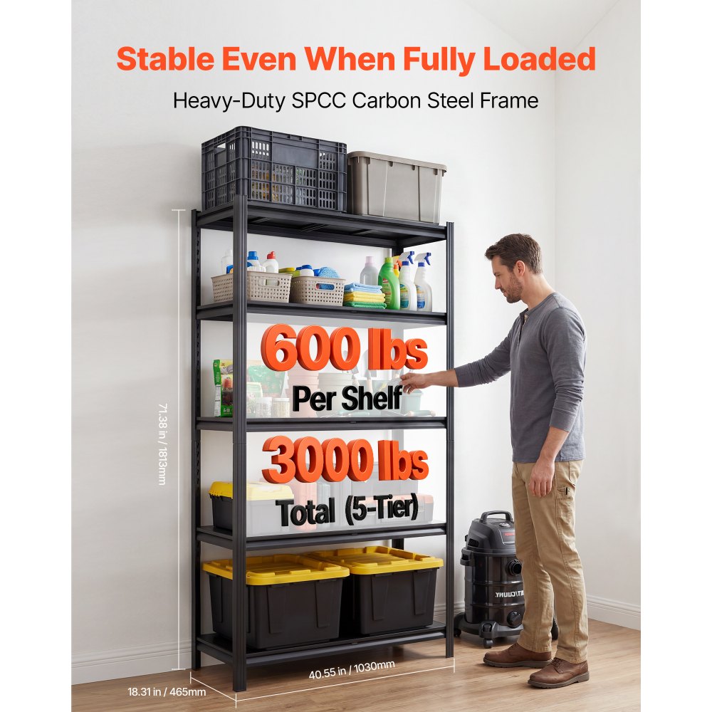 VEVOR Storage Shelves, 5-Tier Adjustable, 3000 lbs Capacity, Heavy Duty Garage Storage Shelving Unit, Metal Utility Rack Shelf, for Garage Warehouse Basement Kitchen, 40.55" W x 18.31" D x 71.38" H