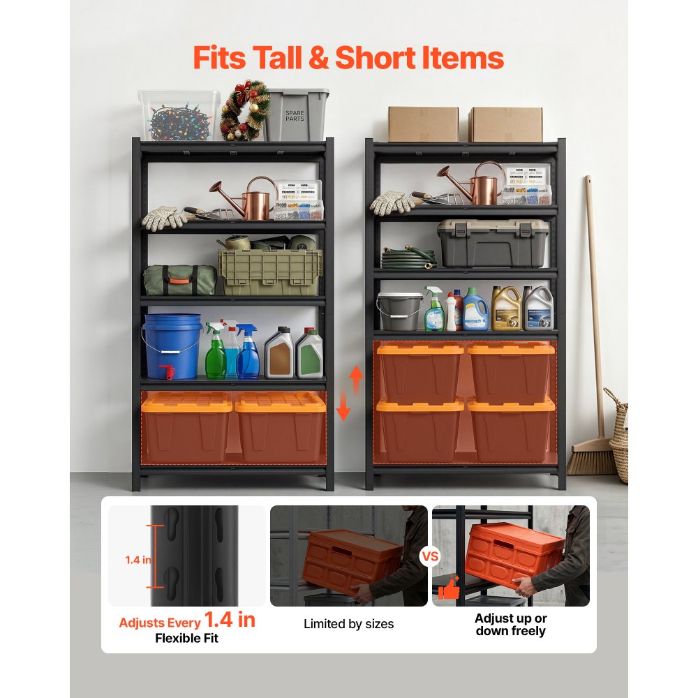 VEVOR Storage Shelves, 5-Tier Adjustable, 3000 lbs Capacity, Heavy Duty Garage Storage Shelving Unit, Metal Utility Rack Shelf, for Garage Warehouse Basement Kitchen, 40.55" W x 18.31" D x 71.38" H