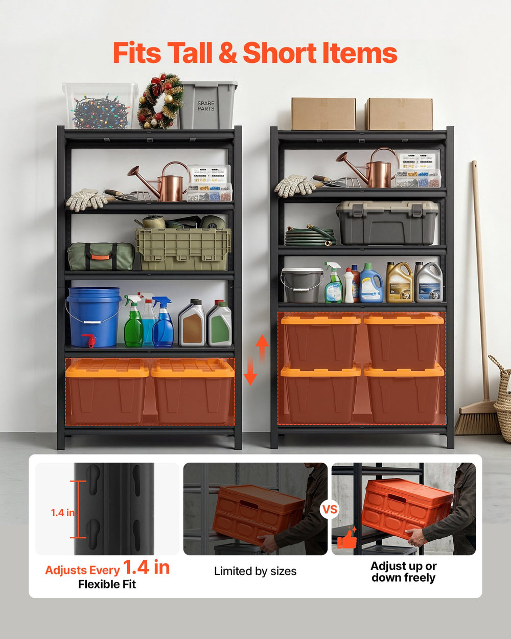VEVOR Storage Shelves, 5-Tier Adjustable, 3000 lbs Capacity, Heavy Duty Garage Storage Shelving Unit, Metal Utility Rack Shelf, for Garage Warehouse Basement Kitchen, 40.55" W x 18.31" D x 71.38" H