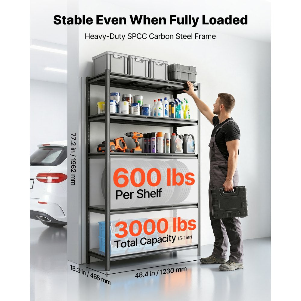 VEVOR Storage Shelves, 5-Tier Adjustable, 3000 lbs Capacity, Heavy Duty Garage Storage Shelving Unit, Metal Utility Rack Shelf, for Garage Workshop Warehouse Basement, 48.43" W x 18.31" D x 77.24" H
